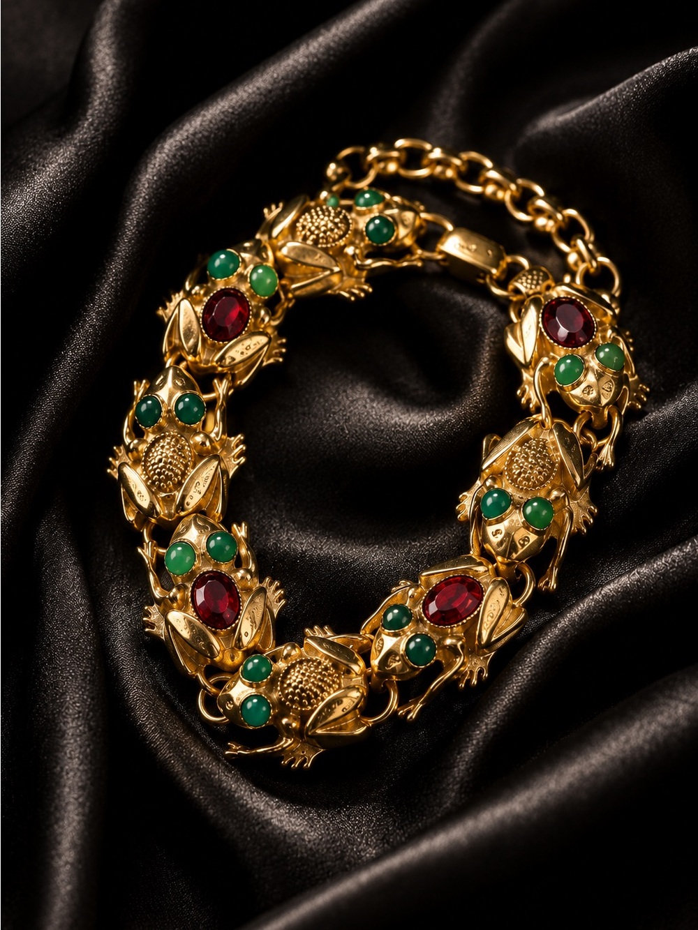 Vintage 18K Gold Plated frog bracelet with Natural stone eyes - Picture 7 of 10